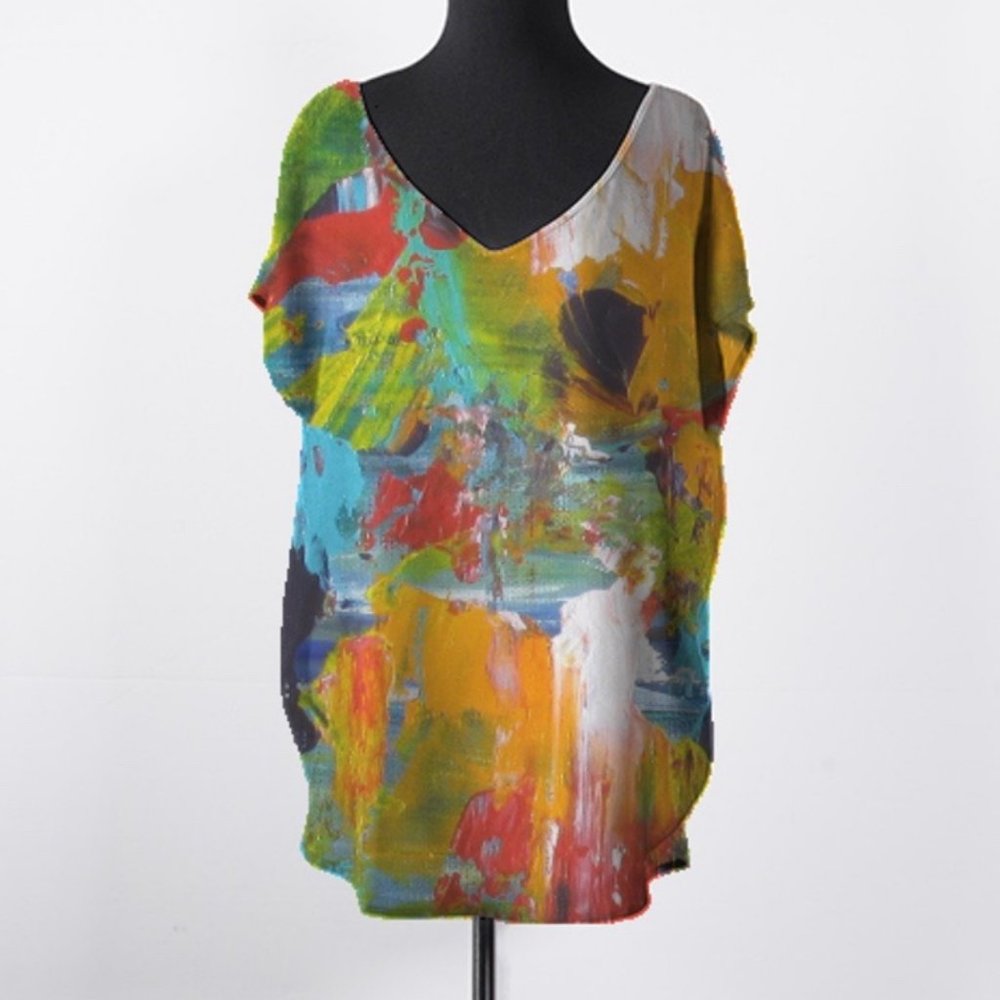 Mediterranean Abstract Art V‑Neck Blouse – Rare VIDA × Noora Elkoussy Collab